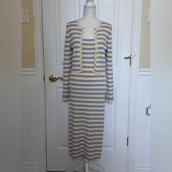 NWT ENGLISH FACTORY Knitted 2-Piece Set Cardigan & Dress Yellow & Blue Striped L - Picture 2 of 7